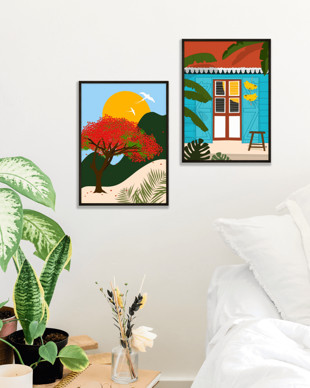 duo affiches flamboyant et case créole de l'île de la Réunion.