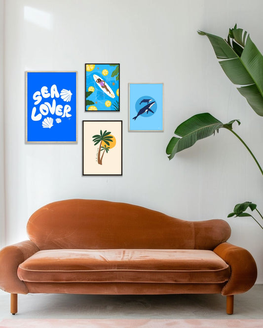 Composition murale avec des affiches colorées et tropicales. Des affiches tropicales pour une déco intérieure chaleureuse.Dessins de l'île de la Réunion.