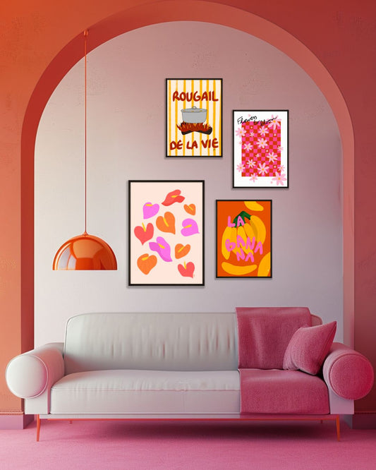 Composition murale de tableaux colorées, inspirés de l'île de la Réunion.