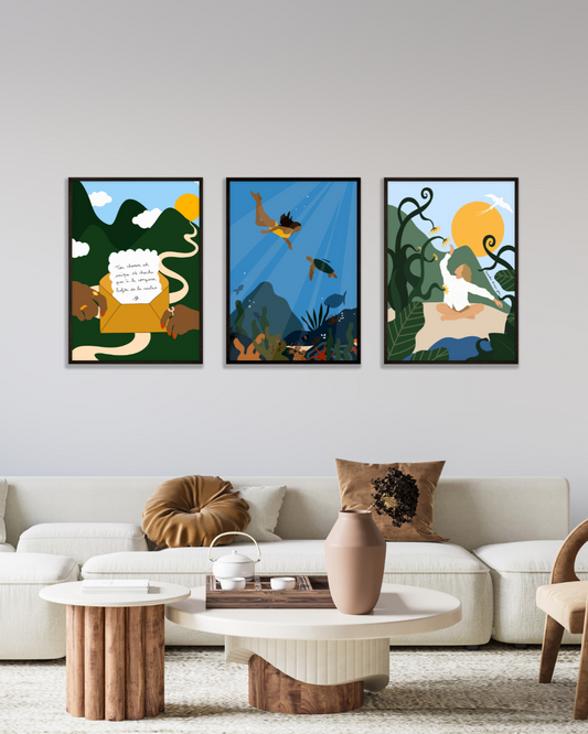 triptyque affiches ile de la reunion paysage océan et nature