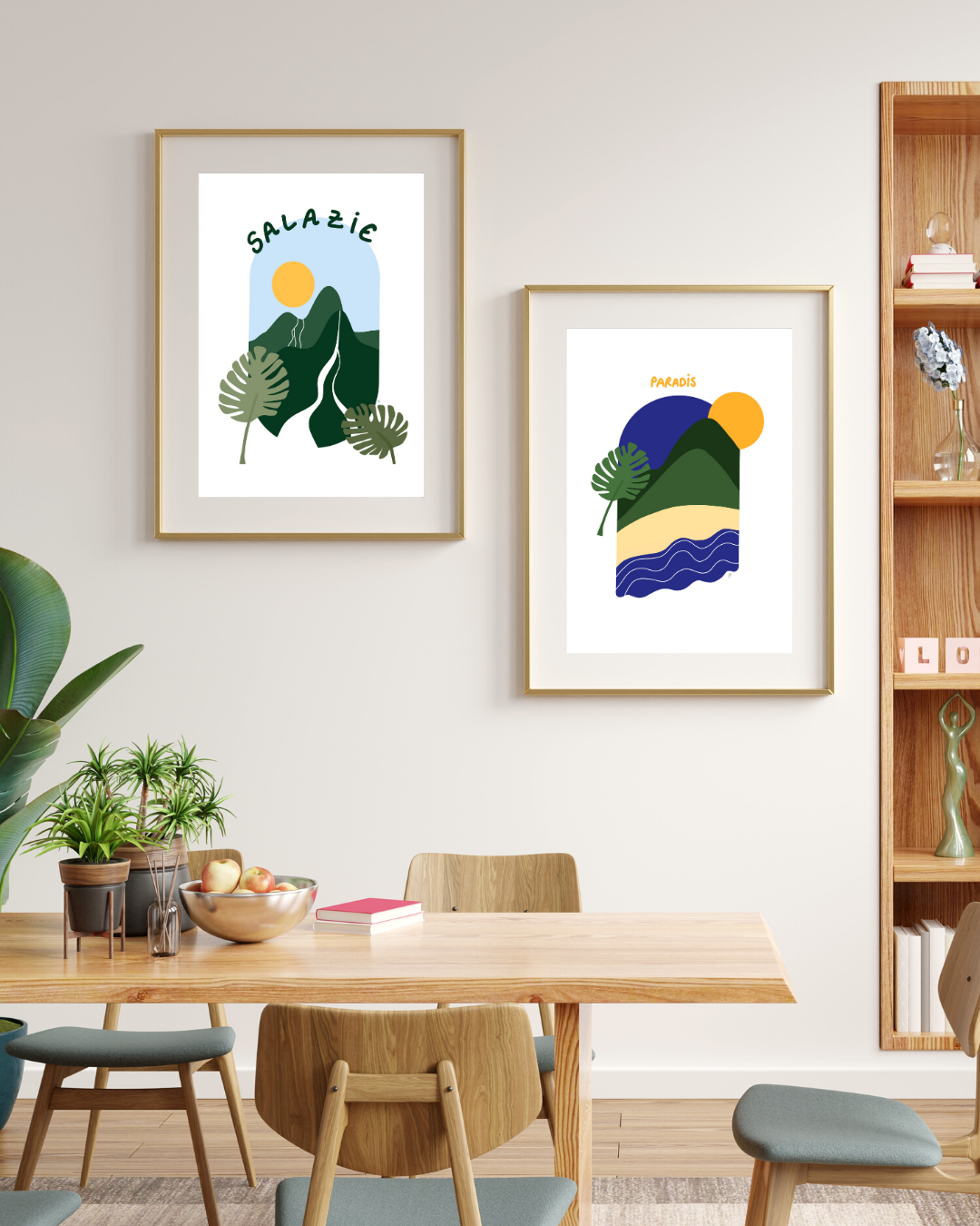 Deux tableaux dans une salle à manger qui représentent l'île de la Réunion.