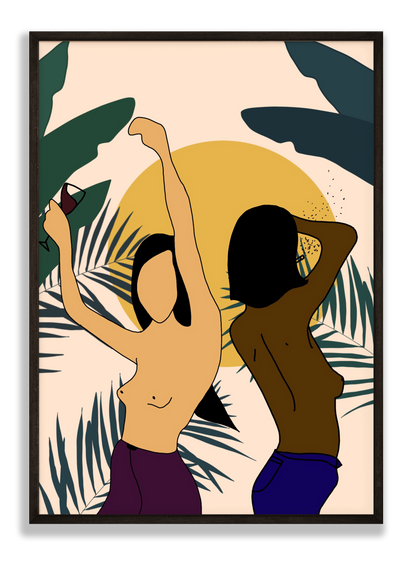 Affiche de femmes qui dansent sous le soleil et vétation tropicale.