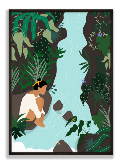 Affiche d'une femme près d'une cascade de l'île de la réunion.