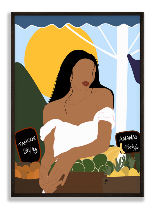 Affiche d'une femme au marché à l'île de la réunion.