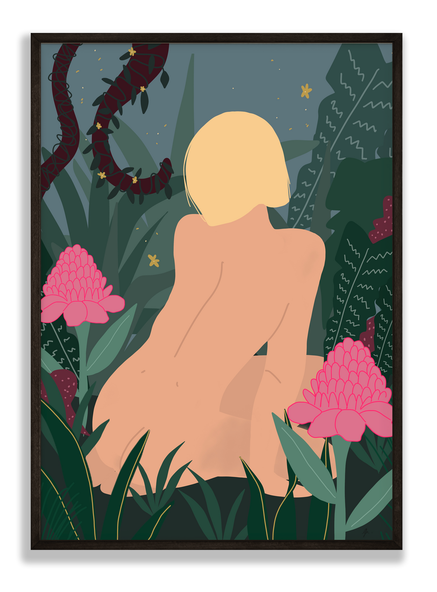 Affiche d'une femme nue de dos dans la végétation luxuriante.