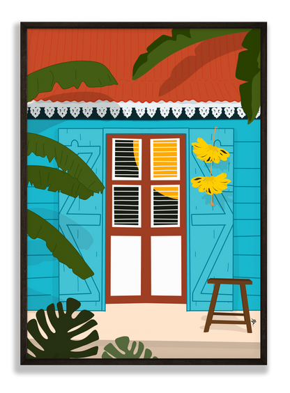 Affiche d'une case créole bleu de l'île de la Réunion.
