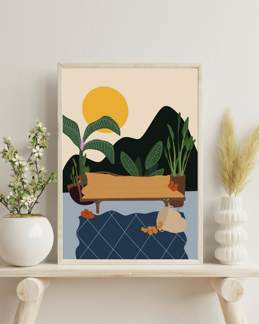 affiche d'un fauteuil entouré de plantes tropicales