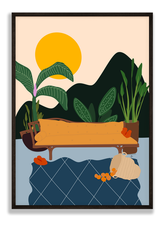 affiche d'un fauteuil entouré de plantes tropicales