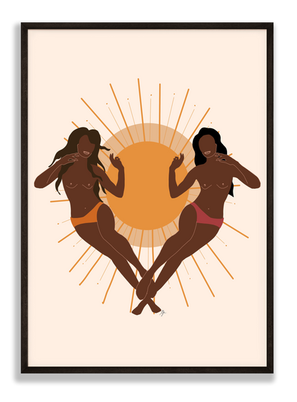 affiche de deux femmes déesses à la peau matte avec un soleil.