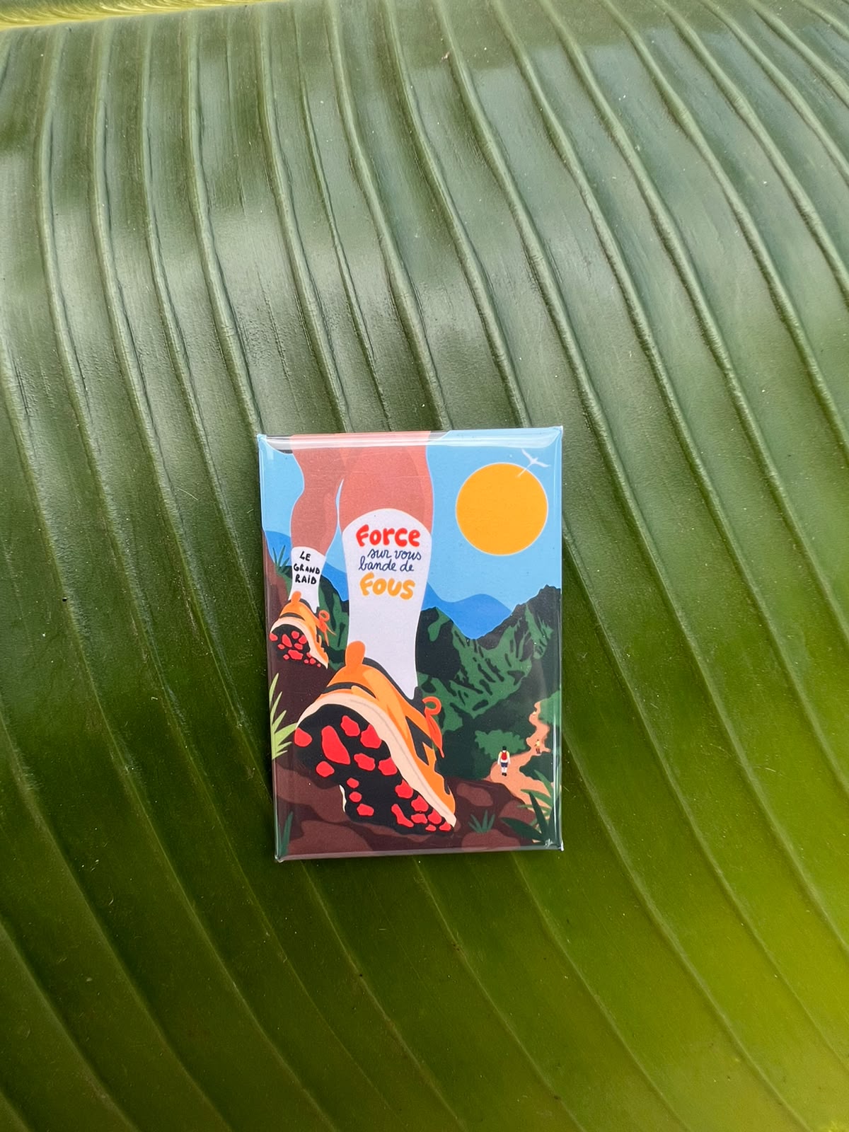 Magnet souvenir du Grand Raid de La Réunion illustré par Lefilariane, représentant des chaussures de trail sur un sentier de montagne et le message « Force à vous bande de fous », photographié sur une feuille tropicale verte. 
